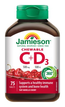 Jamieson C- és D3-vitamin 500 mg/500 IU szopogató tabletta cseresznye ízesítéssel 75 tbl.
