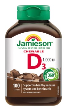 Jamieson D3-vitamin 1 000 IU szopogató tabletta csokoládé ízesítéssel 100 tbl.